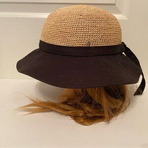 HELEN KAMINSKI HAT NATURAL TAN RAFFIA BLACK COTTON BRIM TIE ONE SIZE OS